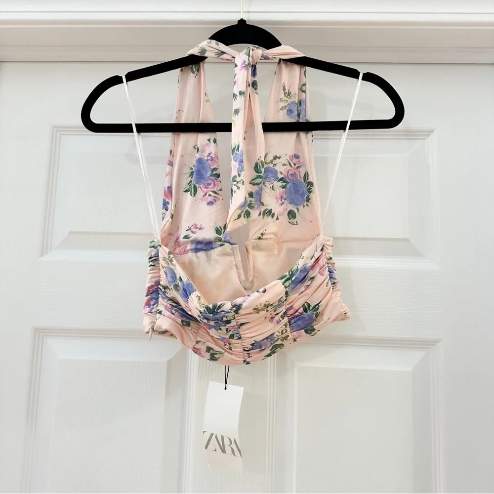 NWT Zara Pale Pink Blue Floral Deep V Cropped Halter Neck Ruched Top sz Small - Picture 9 of 11